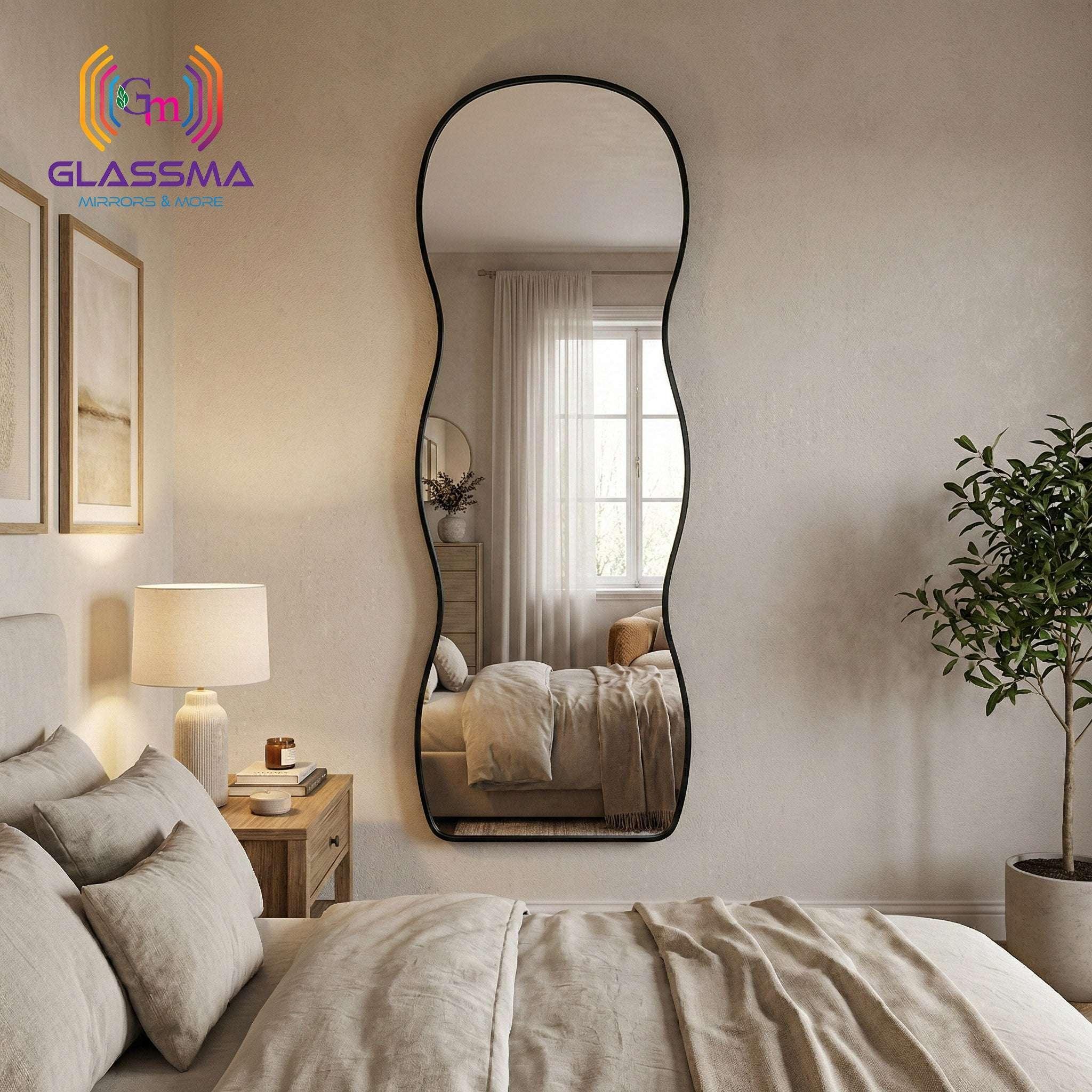 Irregular Aluminum Black Framed Full-Length Mirror - Modern Designer Plain Wall Mirror - Glassma
